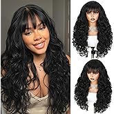 WIGER Curly Wavy Black Wig with Curtain Bangs Curly Layered Wig for Women Natural Looking Heat Resistant Synthetic Fiber Wig for Daily Party & Cosplay