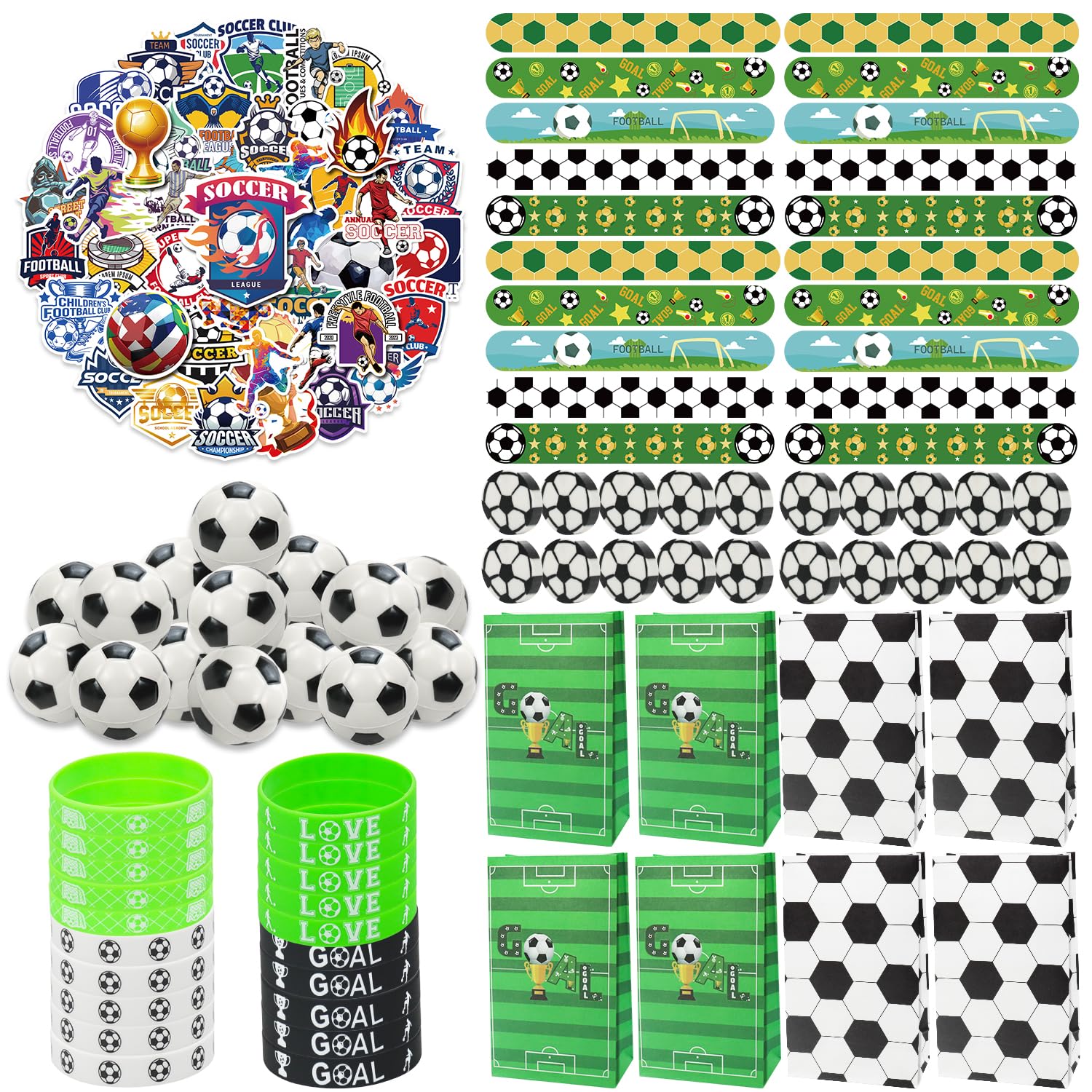 PIXHOTUL Football Party Favors-150Pcs Party Supplies Wristbands Stickers Mini Footballs Slap Bracelets Theme Gift Bags Erasers, Gifts for Students, Kids