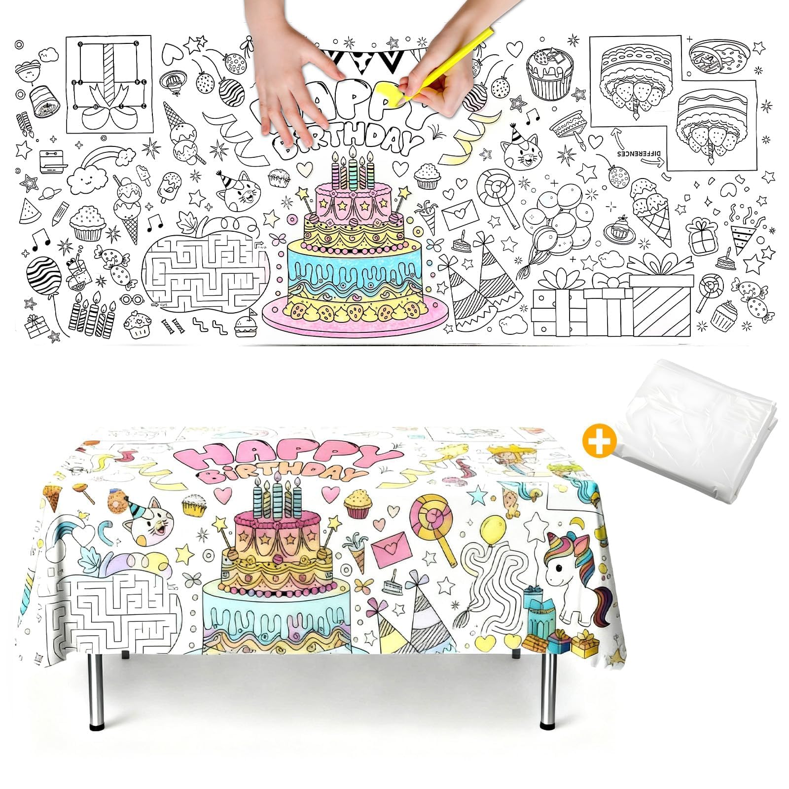 Nasxkji Colouring Table Cloths 183x76cm/72×30 inch Table Cloth Colouring Birthday Cake for Multiple Users Giant for Family Gatherings Party Craft Activities — image 1