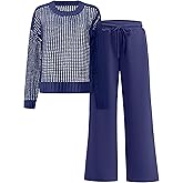 ANRABESS Womens 2 Piece Outfits Crochet Sheer Knit Sweater Top Wide Leg Pants Lounge Set Sweatsuit 2026 Spring Travel Clothes