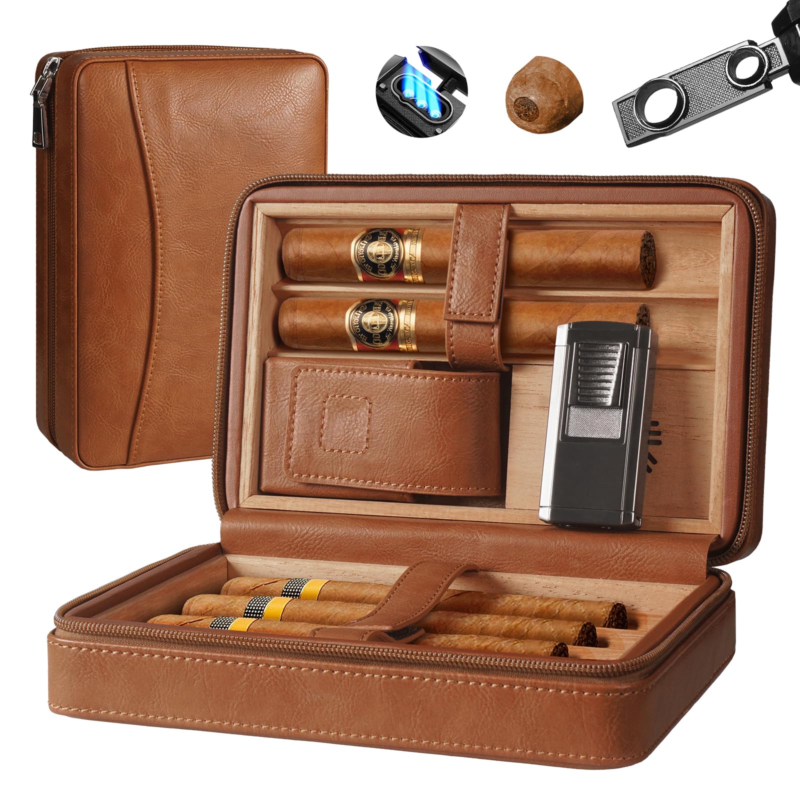 Photo 1 of Puffaland Cigar Humidor, Humidor Box Cigar Case with Cigar Lighter Cigar Holder and Cigar Punch, Brown Leather Travel Humidor Cedar Wood Cigar Box