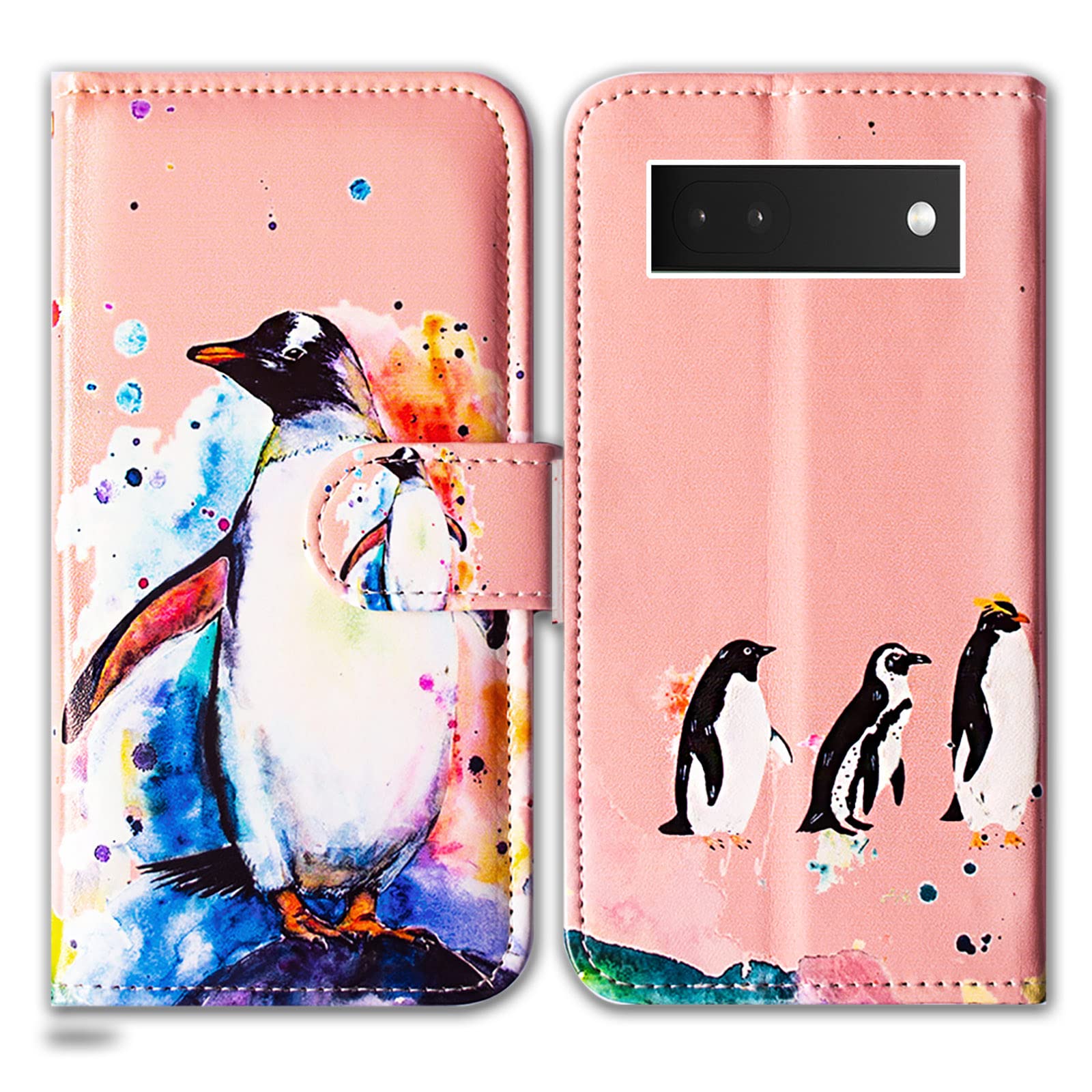 Bcov Pixel 6a Case, Penguin Drawing Leather Flip Phone Case Wallet Cover with Card Slot Holder Kickstand For Google Pixel 6a