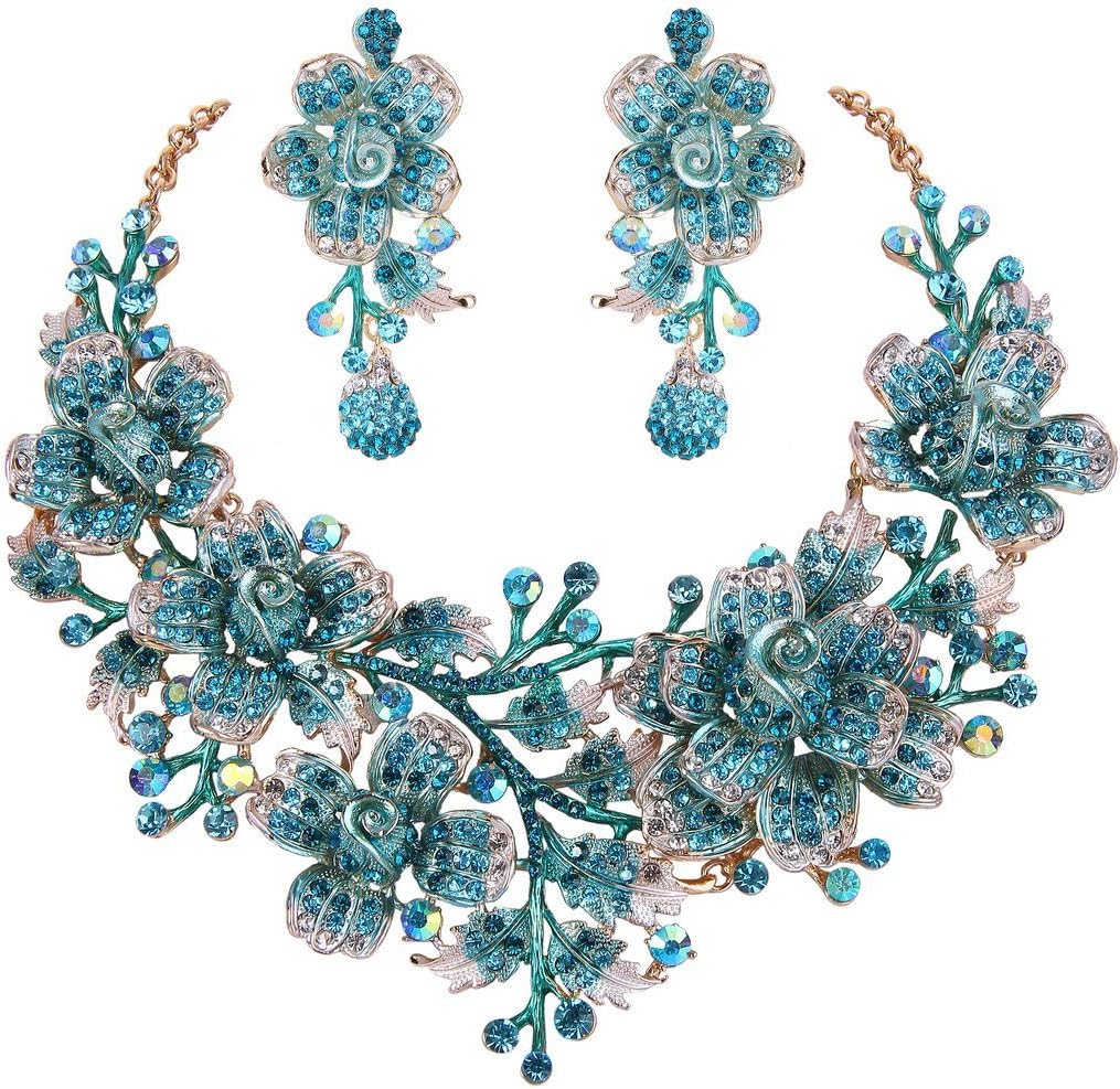 EVER FAITH Women's Crystal Elegant Flower Leaf Bridal Necklace Earrings Set