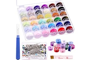 Swpeet 138Pcs 36 Colors Bobbins Sewing Thread Set with Bobbin Box, Thread Bobbins with Sewing Pins, Measuring Tape, Untwist T