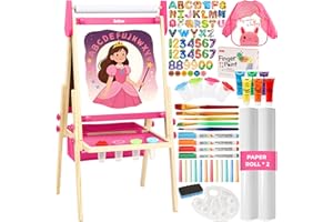 Belleur All-in-One Art Easel for Kids, Adjustable Double Sided Easel for Toddlers with Magnetic Whiteboard & Dry-Erase Chalk Board & Paper Roll, Child Painting Easel for Kid 2-8 Birthday Gift - Pink