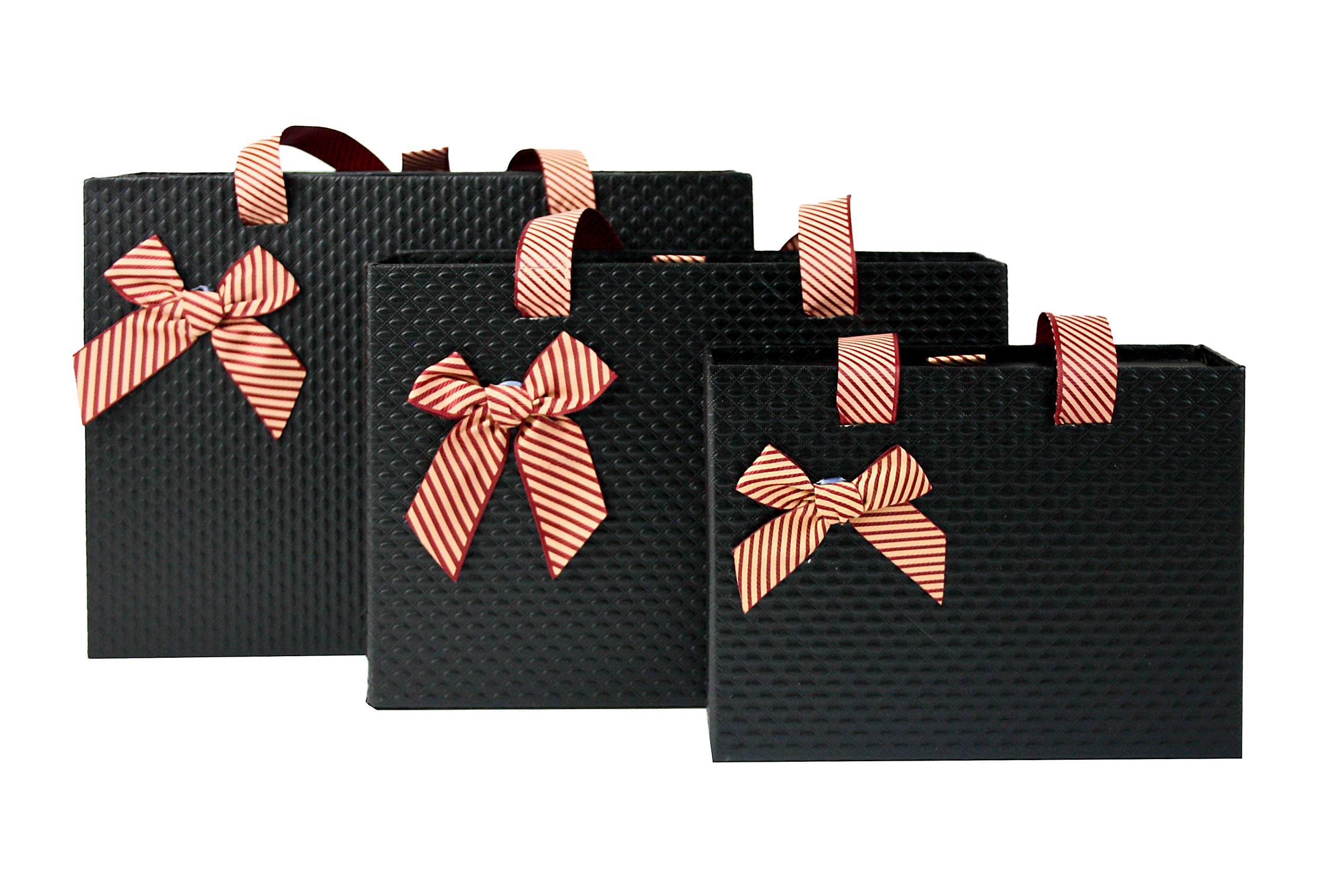 Emartbuy Set of 3 Gift Box, Textured Black Box with Satin Bow and Carry Handle