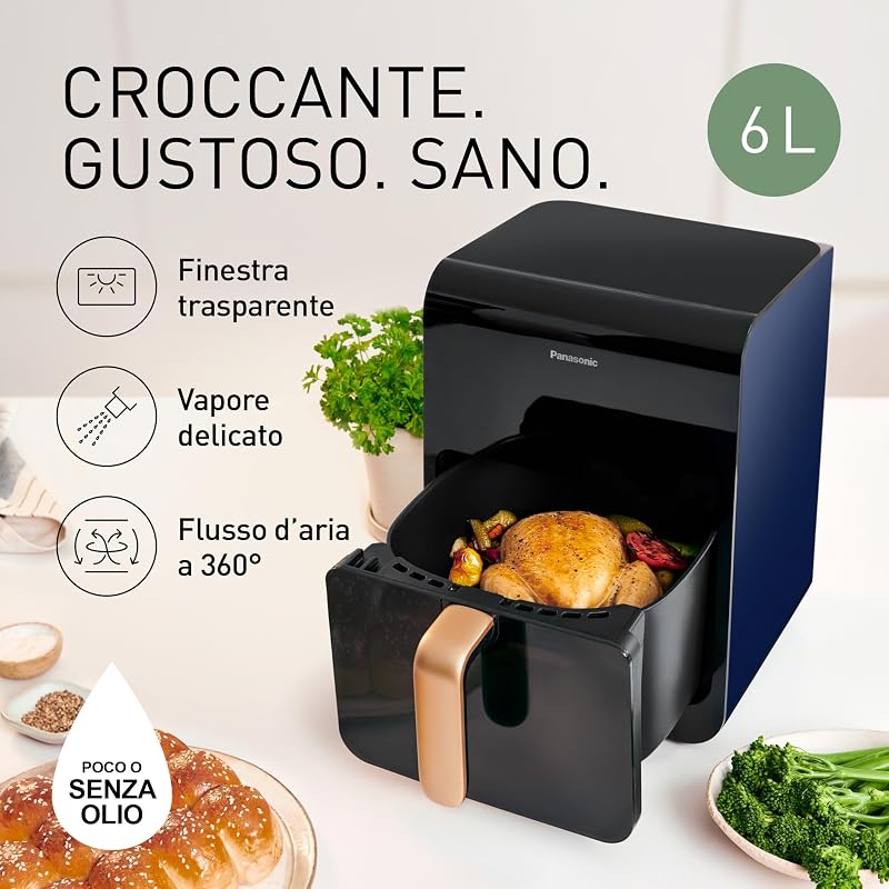 NF-CC600AXE Friggitrice ad Aria con Finestra trasparente resistente, 6L, 80-200°C, Timer Digitale e LCD, Vapore Delicato, 11 Programmi, Facile Pulizia, Maniglia Nero/Blu Scuro e Oro Rosa