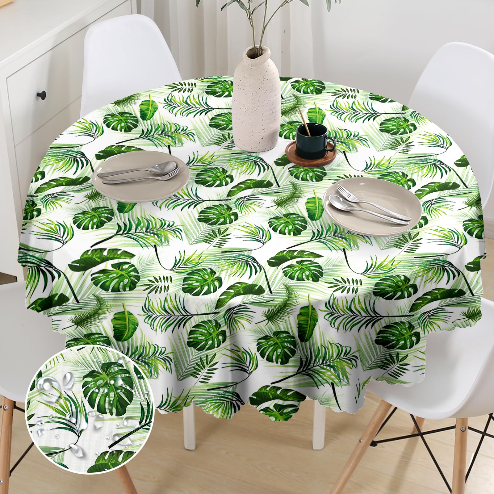 G-dake Round Tablecloth Wipeable, Hawaiian Polyester Circular Table Cloth Waterproof Wrinkle and Stain Resistant Tropical Palm Leaf Table Cover for Kitchen Dinner Picnic Party Outdoor (150cm)