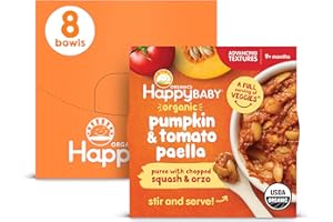 Happy Baby Organics Baby Food, Advancing Textures Bowl Pumpkin & Tomato Paella Puree with Chopped Squash & Orzo, 4 Oz (Pack of 8)
