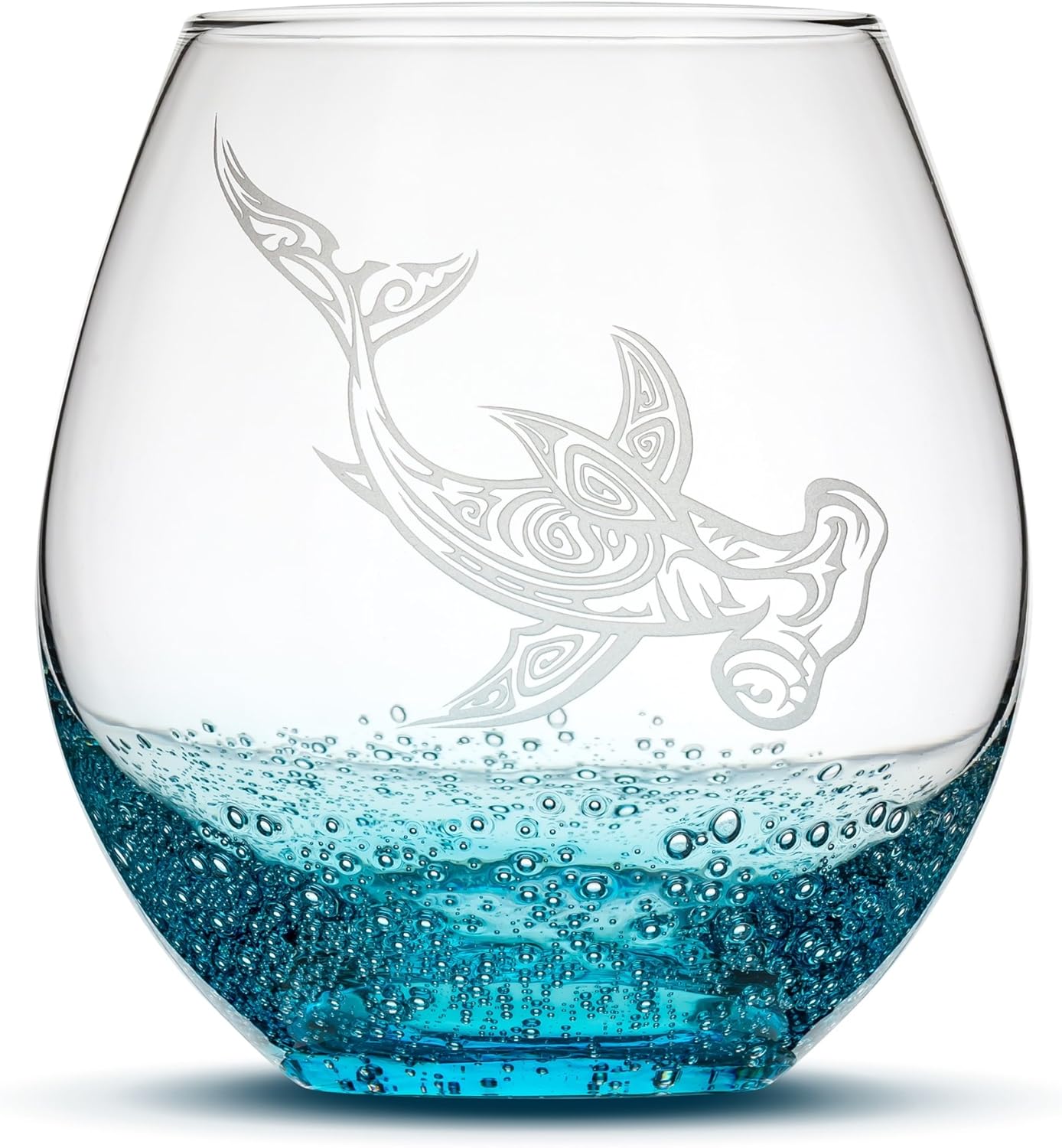Sand Carved Stemless Wine Glass, Hammerhead Shark, Bubbly Turquoise, Handblown