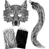 Amzano Wolf Mask Costume Set for Adults, Werewolf Mask with Tail and Gloves | Includes realistic wolf mask, tail and gloves for Halloween cosplay, costume parties and themed role play.