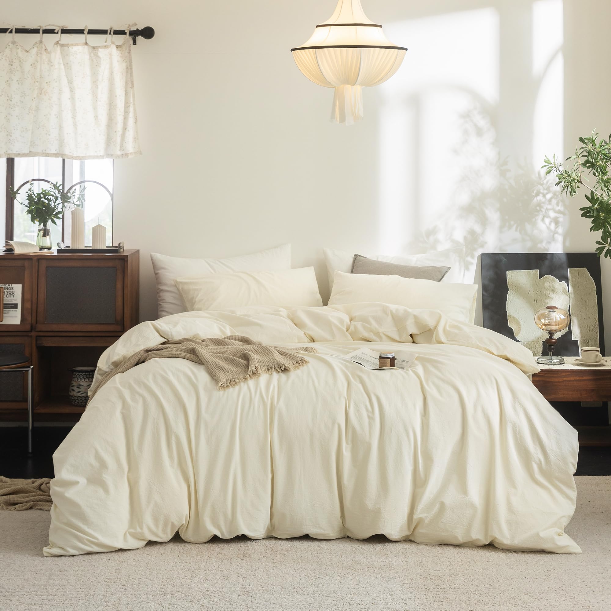 Photo 1 of FOSSA Duvet Cover Set 100% Washed Cotton Linen Feel Super Soft Breathable Cozy 3 Pieces Bedding Sets Solid Cream White Queen