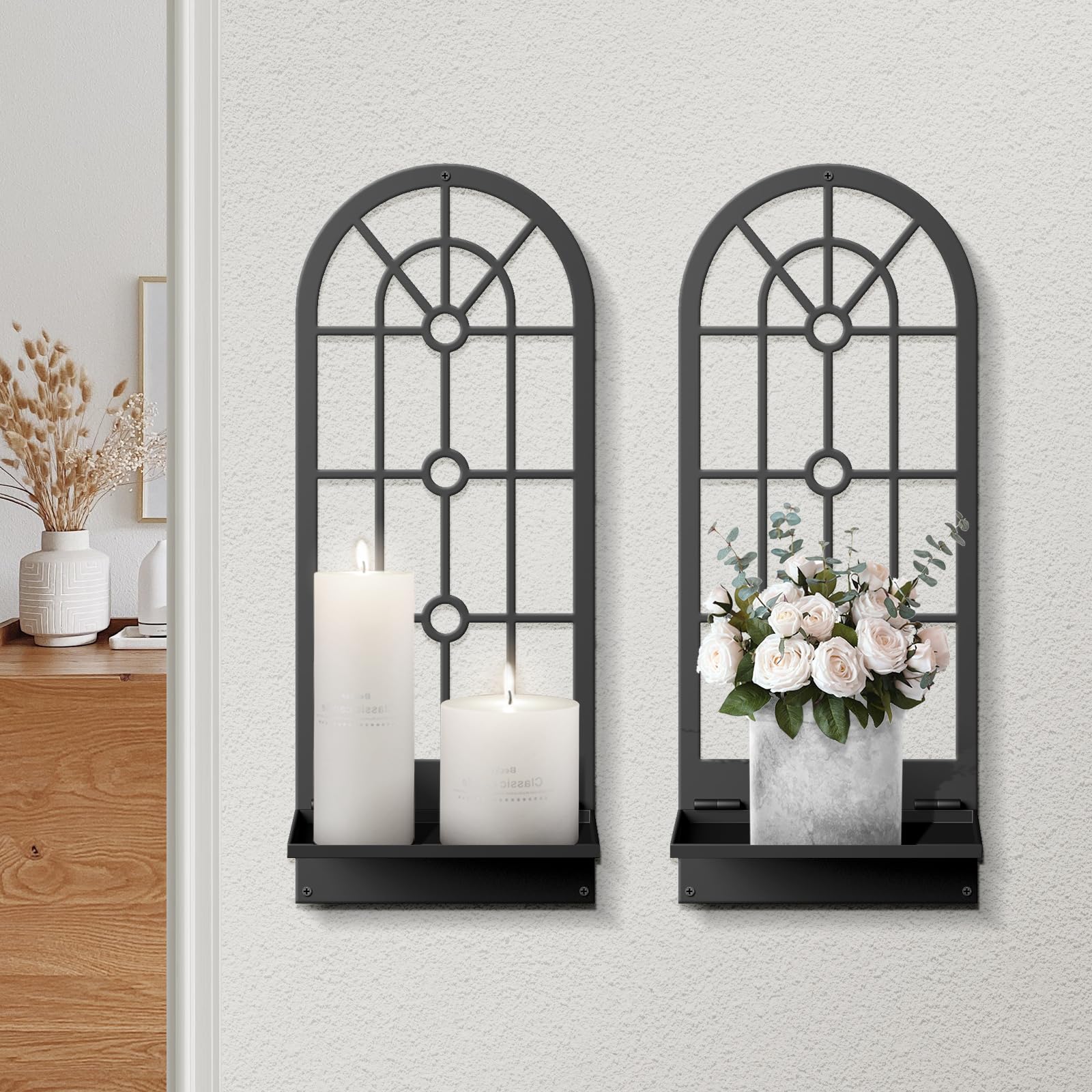Photo 1 of Wall Candle Holder, Black Boho Metal Wall Art Decor, Bohemian Line Wall Candle Holder for Living Room, Dining Room, Bedroom, Bathroom (16.5 x 7 in)