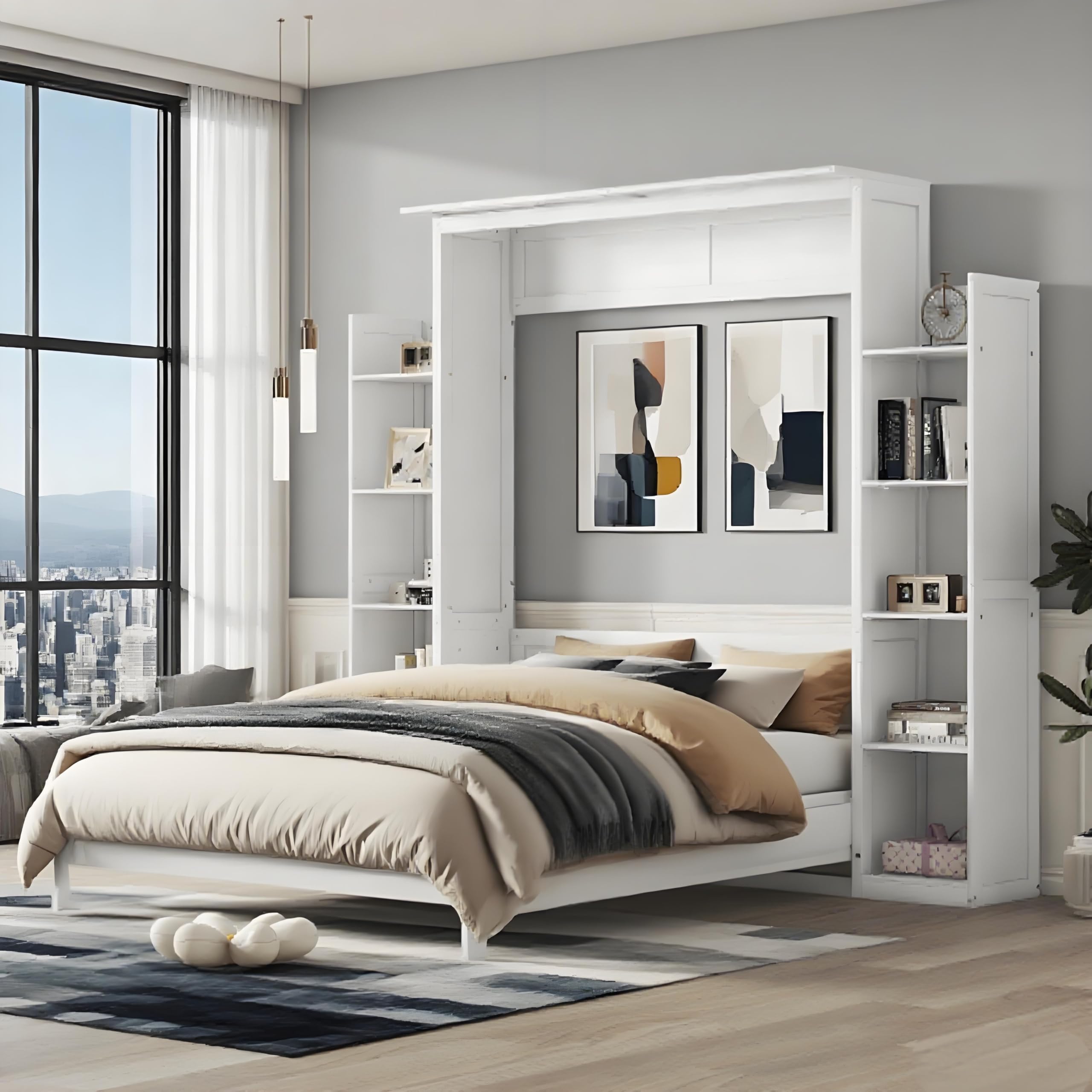 Photo 1 of ***STOCK PHOTO FOR REFERENCE ONLY***PARTS ONLY PARTIAL SET**
PVWIIK Queen Size Murphy Bed with 5-Tier Shelves and LED Lights,Foldable PlatformBed Vertical Wall Bedframe for Small Space,Bedroom,Guest Room,White