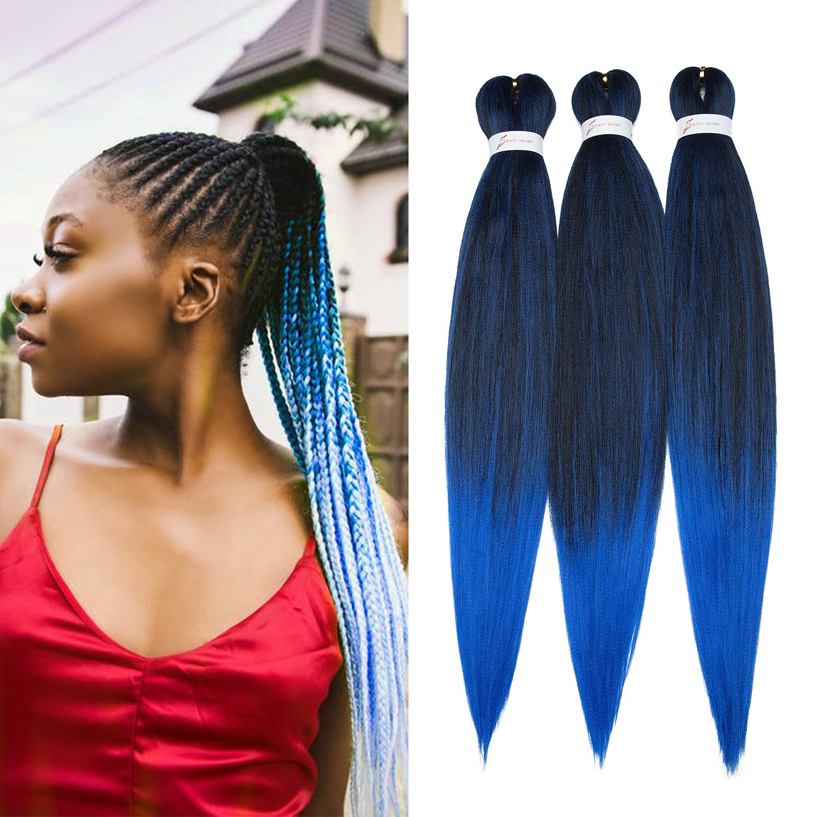 Pre-stretched Braiding Hair Extensions 26inch 3 Packs/Lot E Jambo Braids Crochet Hair for Box Jambo Braids Yaki Texture for Black Women T1B/BLUE Black to Blue