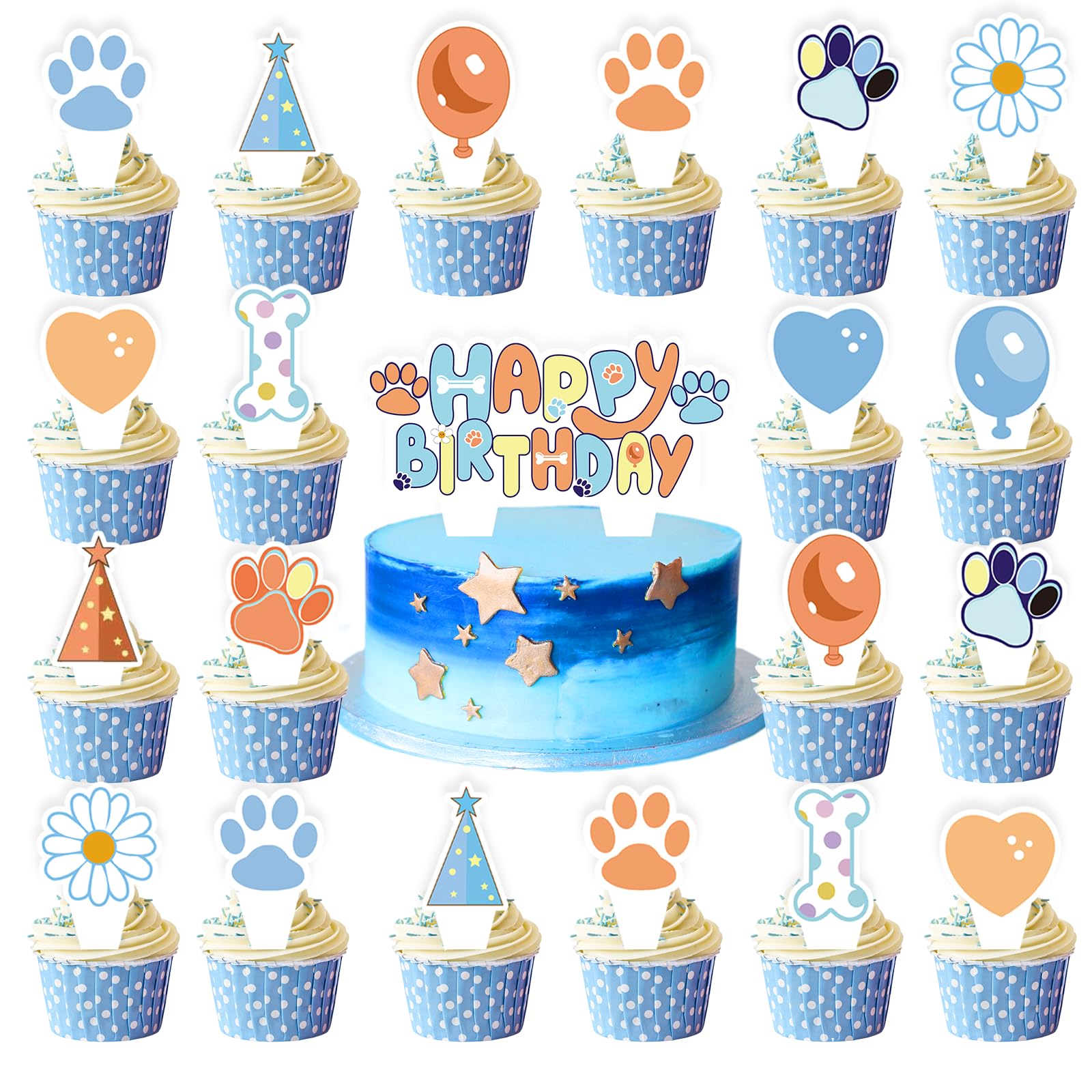 Photo 1 of 49 Pcs Blue Dog Happy Birthday Cake Toppers - Blue Cupcake Toppers Party Decorations Happy Birthday Signs, Dog Themed Party Supplies Decor for Kids, Boys, Girls, Baby Showers