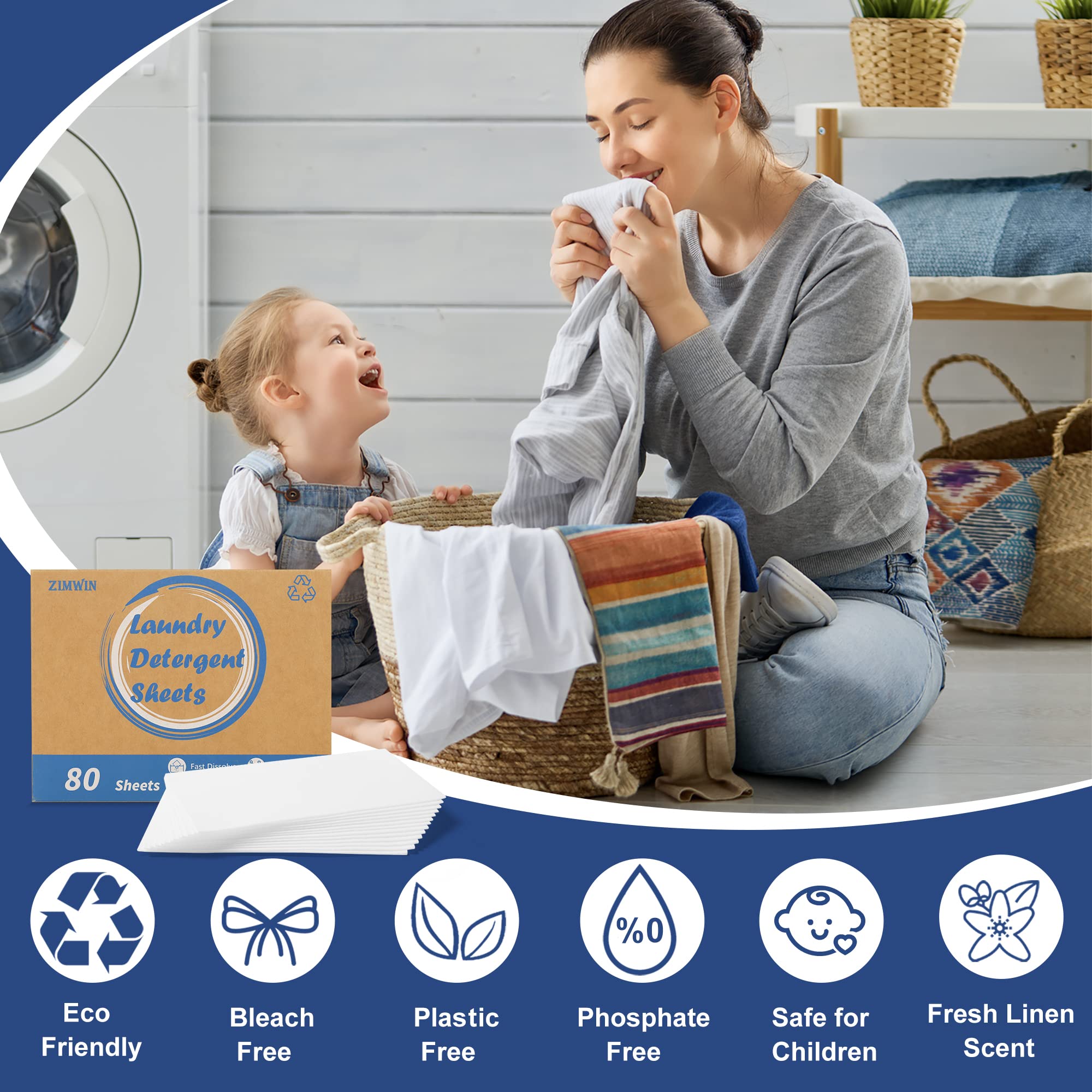 Zimwin Laundry Detergent Sheets, 80 Sheets Fresh Linen Scent Laundry Soap Sheets - Eco-Friendly Hypoallergenic Liquidless Washing Supplies for Dorm Travel Camping - 80 Loads