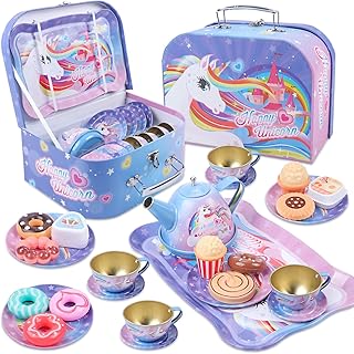 Tacobear Tee Set Kinder Teeservice mit Dessert Spielzeug Tragekoffer Tin Teekanne Set Einhorn Tee Party Rollenspiele Einhorn Geschenk für Kinder Mädchen