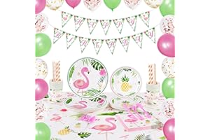 WERNNSAI Flamingo Party Supplies Set - Tropical Party Decorations for Girls Kids Birthday Banner Balloons Cutlery Bag Table Cover Plates Cups Napkins Straws Utensils 16 Guests 169PCS