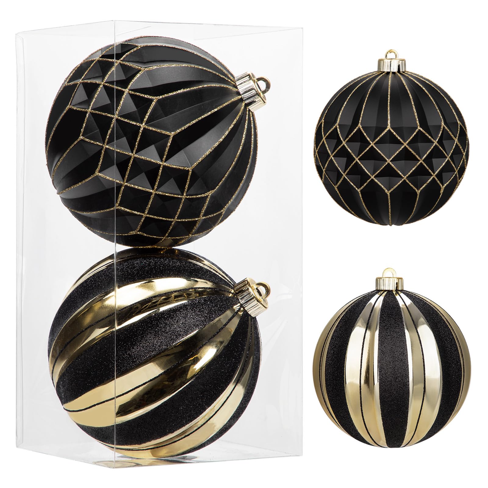 15cm/6 inch Extra Large Christmas Baubles 2 Pcs Shatterproof Balls Set Big Black Gold Baubles Xmas Bauble Ornaments for Christmas Tree Decorations Halloween Holiday Wedding Party Decor