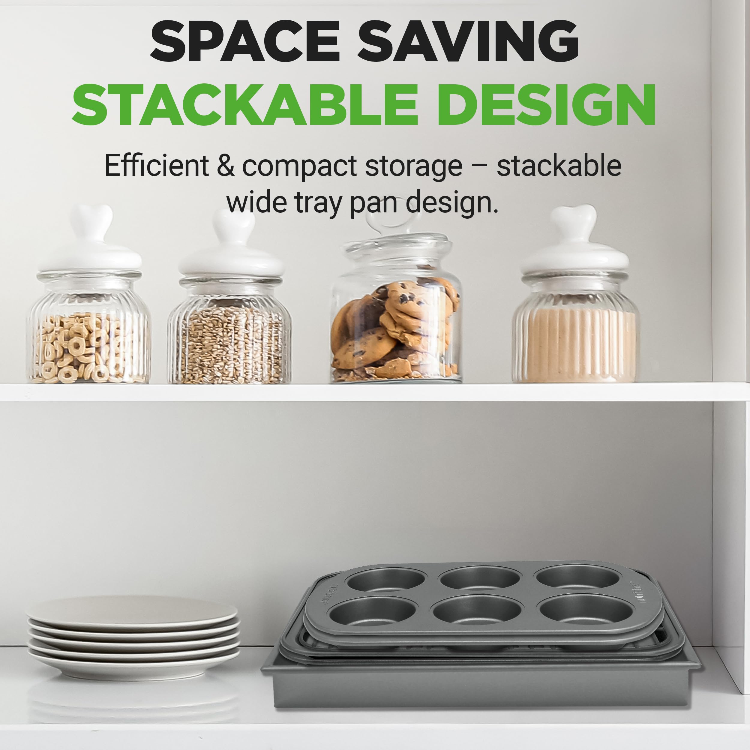 NutriChef 6-Piece Toaster Oven Bakeware Set, Compact Non-Stick Stackable Baking Pan Set with Muffin Pans, Roasting Tray & Baking Sheets, Durable Stain-Resistant Carbon Steel Design for Toaster Ovens