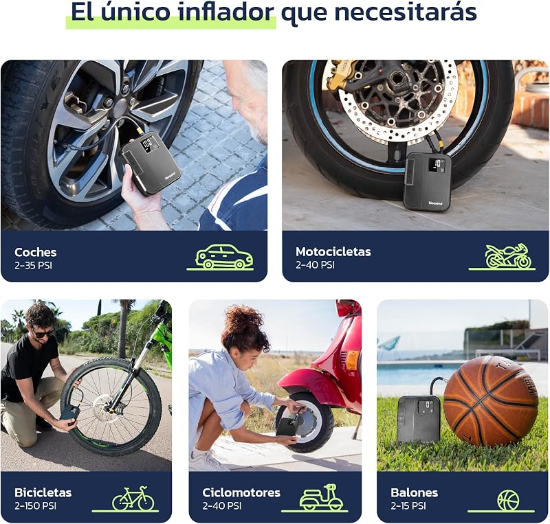 DP3 Inflador Ruedas Coche 150PSI/10,3Bar, Inflador Eléctrico, Compresor Aire Portátil, Bomba de Aire Eléctrica Recargable para Coche, Bicicleta, Motocicleta, Pelotas (Negro)