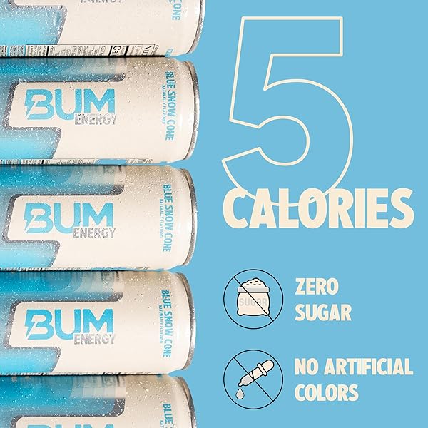 BUM SUGAR-FREE ENERGY DRINK, BLUE SNOW CONE – LIGHTLY CARBONATED & NO ARTIFICIAL COLORS, NATURAL CAFFEINE & CITICOLINE FOR ENERGY & FOCUS, BRAIN BOOST & WORKOUT SPORTS BEVERAGE – 12 OZ, PACK OF 12