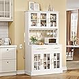YITAHOME 71'' Kitchen Pantry Storage Cabinet with Microwave Stand, Tall Freestanding Hutch Cabinet with Power Outlet, Pantry Cabinet with Buffet Cupboard, Drawers and Acrylic Doors for Home, White
