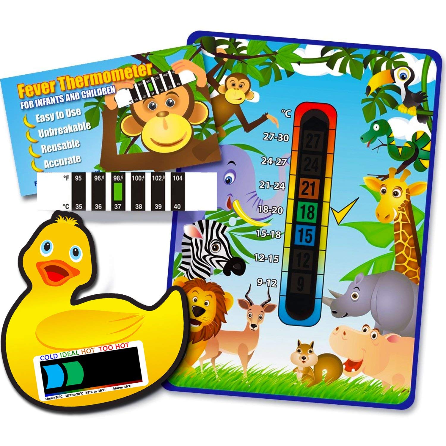 Pack of 'Happy Family' Jungle Animals Nursery and Room Thermometer, Duck Bath and Monkey Forehead Thermometer for Baby/Child