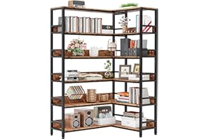 IRONCK Industrial Bookshelves 6 Tiers Corner Bookcases with Baffles Etagere Shelf Storage Rack with Metal Frame for Living Room Home Office