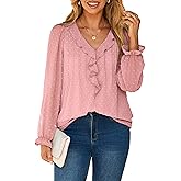 Simplee Womens Dressy Long Sleeve Blouse Casual V-Neck Ruffle Business Tops Chiffon Work Ladies Shirts 2025 Fall Trendy