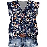 Womens Tops Dressy Casual Summer Floral V Neck T-Shirts Ruffle Short Sleeve Tunic Blouses