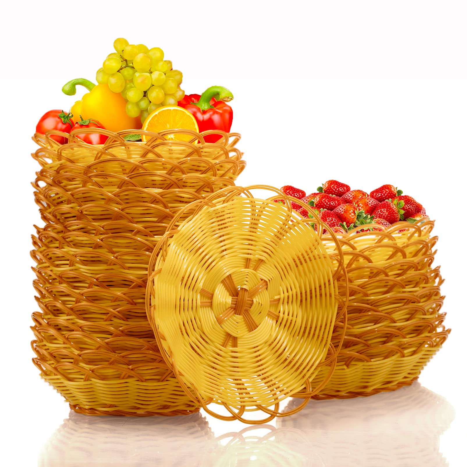 Photo 1 of 12 Pack Round Woven Bread Basket Plastic Basket Woven Basket Gift Baskets Imitation Rattan Fruit Basket-Food Storage Basket for use in homes,kitchen,dining room,centerpiece display,Christmas gifts.