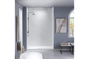 WOODBRIDGE Solid Surface 60" W x 96" H Tile Tub and Shower Wall Panel Surround, Quick Install, Cuttable, Stacked Block in a Staggered Vertical Pattern. Matte White Finish