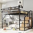 MoproBeti Queen Size Loft Bed Frame for Adults,Metal Lofts Bed Queen with Stairs & Storage Shelves, Heavy Duty High LoftBed with Wardrobe for Teens,Girls Boys, No Box Spring Needed, No Noise, Black