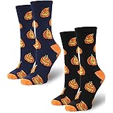 Chicingyou 2 Pairs Halloween Gifts Pumpkin Dress Socks for Women Men Novelty Pumpkin Pattern Crew Socks for Halloween Costume