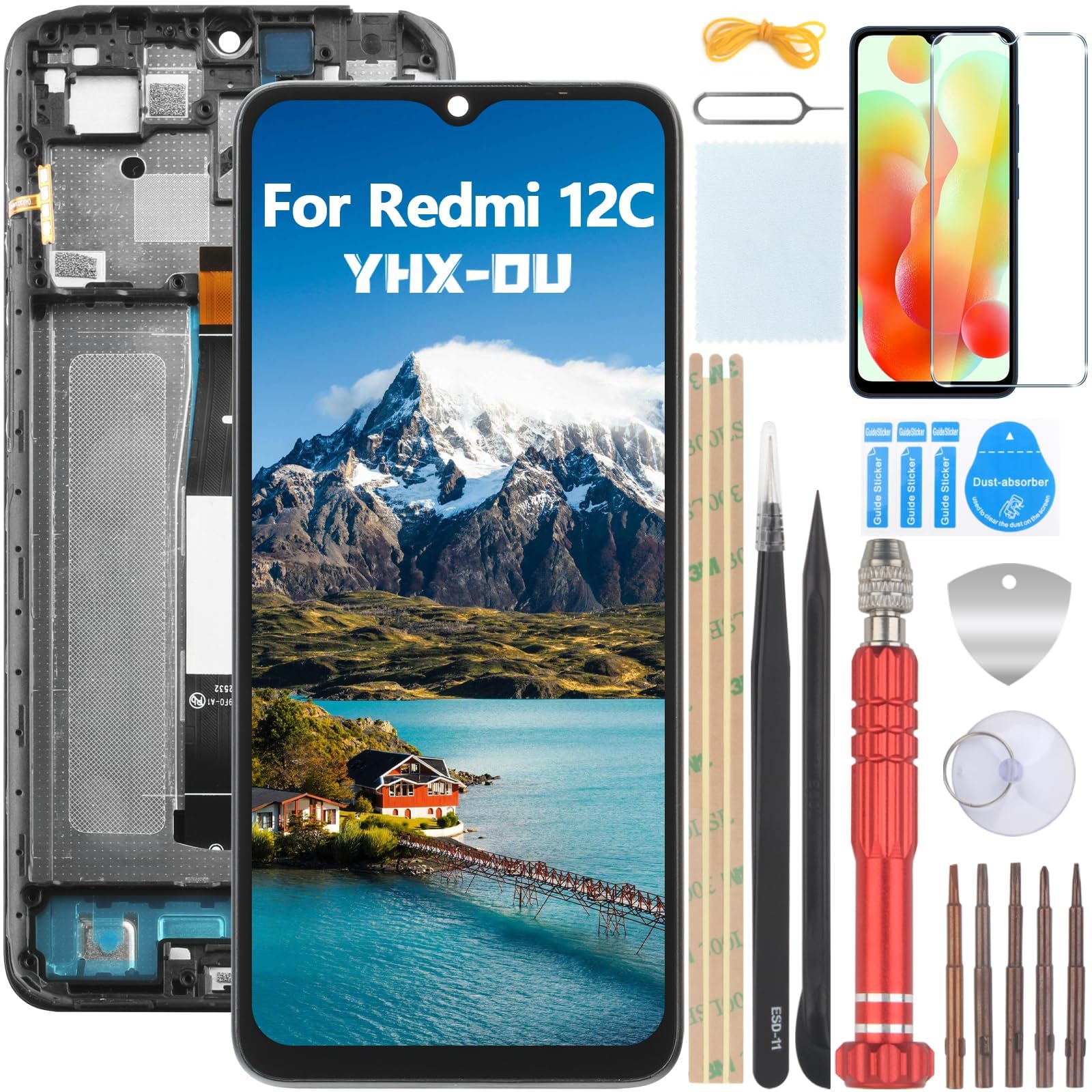 YHX-OU Screen Replacement for Xiaomi Redmi 12C LCD Display Compatible with Xiaomi Redmi 12C 22120RN86G Touch Screen Digitizer Assembly 6.71 Inches Black with Frame with Repair Tools