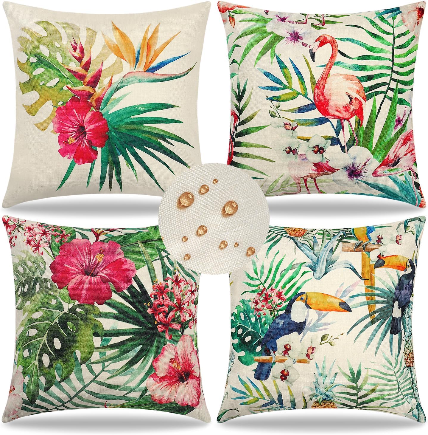 Weldomcor Waterproof Cushion Cover Set of 4, 45x45 cm Tropical Plant Pattern Outdoor Throw Cushion Cover Bohemian Decorative Pillow Cases for Garden Patio Porch Bench Sofa Indoor Living Room Chair — image 1