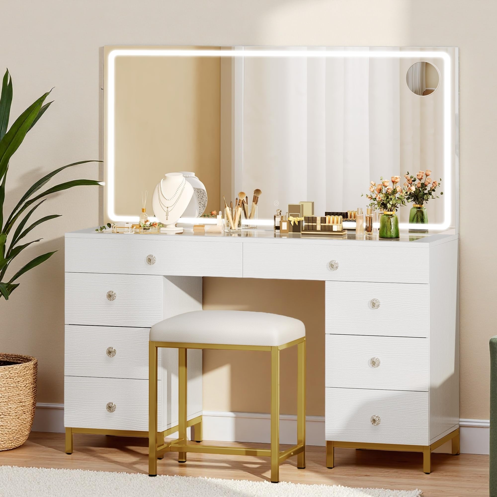 Photo 1 of *USED*
DWVO White Vanity Desk with Mirror: Makeup Table with Power Outlets & 8 Drawers 3-Mode LED Mirror, Storage Stool for Dressing Room
