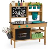 Outdoor Wooden Mud Kitchen for Kids with Water Tank, Sink and Chalkboard | Wooden Play Kitchen with Real Working Faucet Sensory Montessori Kitchen Playset with Pots &amp; Pans for Kids Ages 3+ Gift