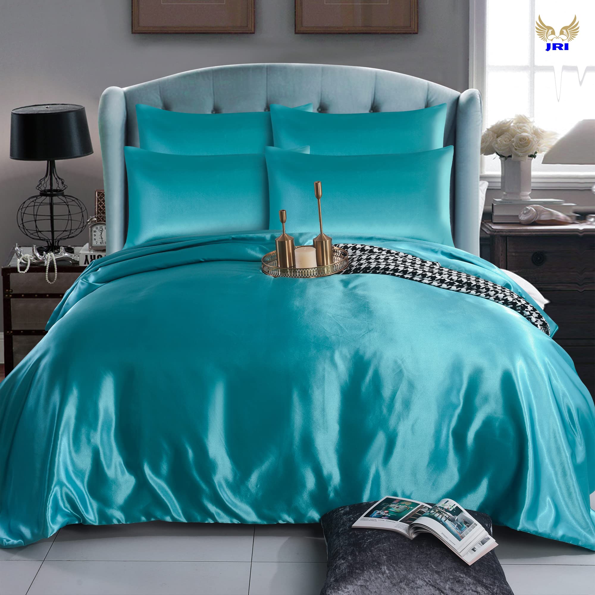 6PCS Satin Duvet Cover Bedding Set Plain Luxury Soft Bed Set Include (1xDuvet Cover, 1xFitted Sheet, 4xHousewife Pillow Case) (King, Teal)-(Same Day Dispatch)