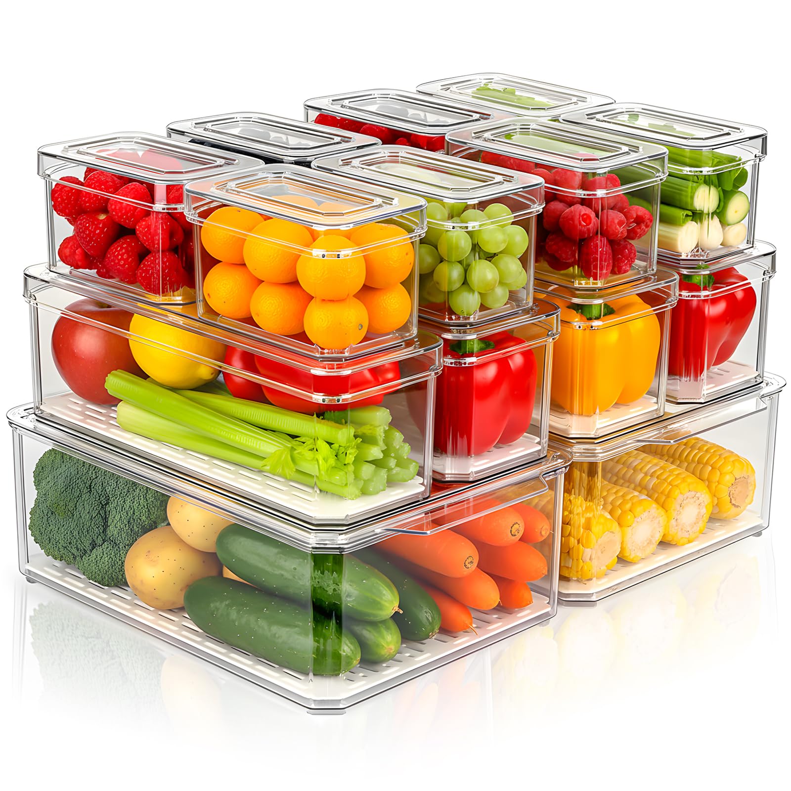 Photo 1 of 14 Pack Fridge Organizer Storage Bins Set, Clear Stackable Food Storage Containers with Lids BPA-Free for Refrigerator, Freezer, Kitchen Countertop, Organizers for Fruits, Vegetables, Drinks, Cereals