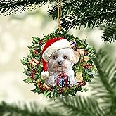 Talataca Bichon Frise 2D Flat Christmas Ornament, Bichón Frisé Wearing A Christmas Hat Wreath Pine Tree Decor, Hanging House Charm Eve Keepsake, Car Rear View Mirror Accessories, Xmas Gifts