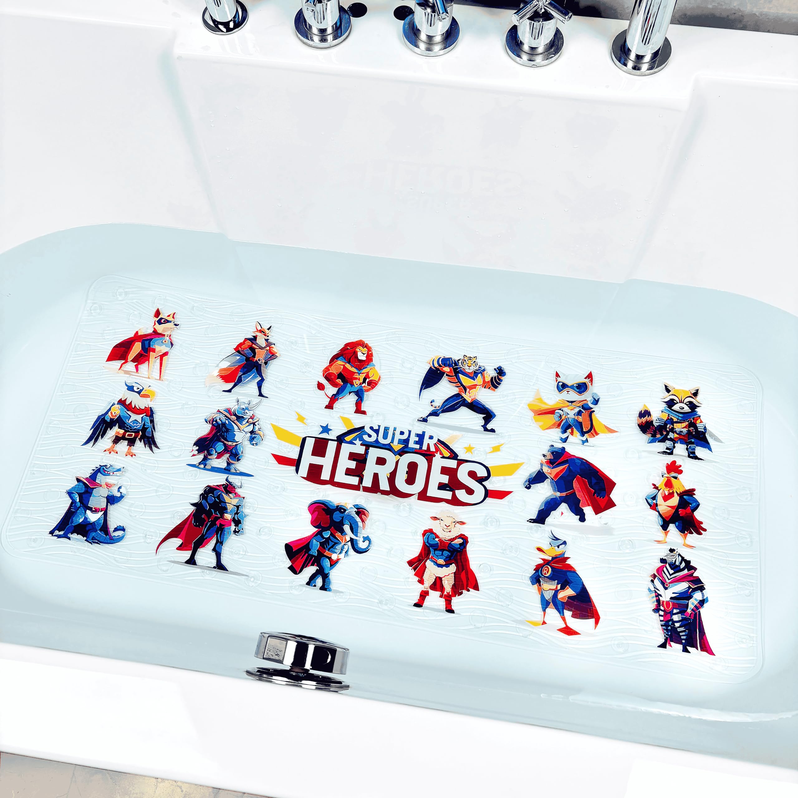 Non-Slip Bath Mat for Toddlers, Cartoon Anti-Slip Bathtub Mat, Safe and Fun Kids Tub Mat, Baby Shower Mat with Cute Design,Perfect for Bathtubs, Showers and Bathroom (Heroes)