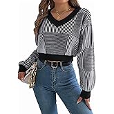 ZAFUL Women's Cropped Sweater Striped V-Neck Long Sleeve Sweater Pullover Jumper Knit Top