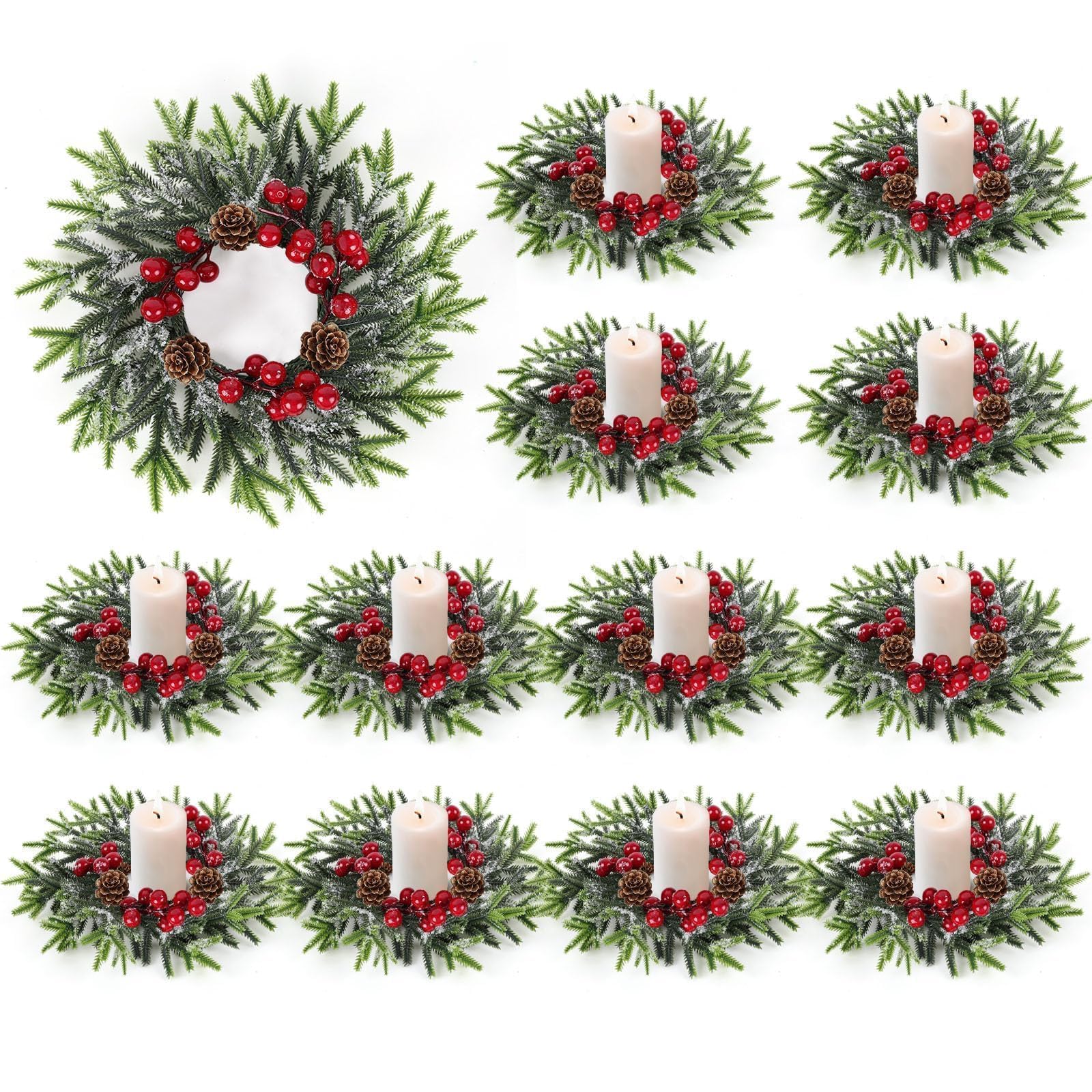 Photo 1 of 12 Pcs Christmas Candle Rings Wreath Mini Christmas Table Centerpieces Red Berry Pinecones Wreaths for Kitchen Cabinet for Holiday Table Centerpiece Farmhouse Front Door Porch Wall Decoration