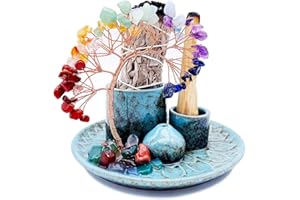 YIENENG 5 in 1 Incense Burner Holder with Crystal Healing Tree, Palo Santo Holder, Sage Holder, Incense Holder for Sticks/Cones/Candles, Ceramic Tray Ash Catcher for Burning Incense, Meditation Gift