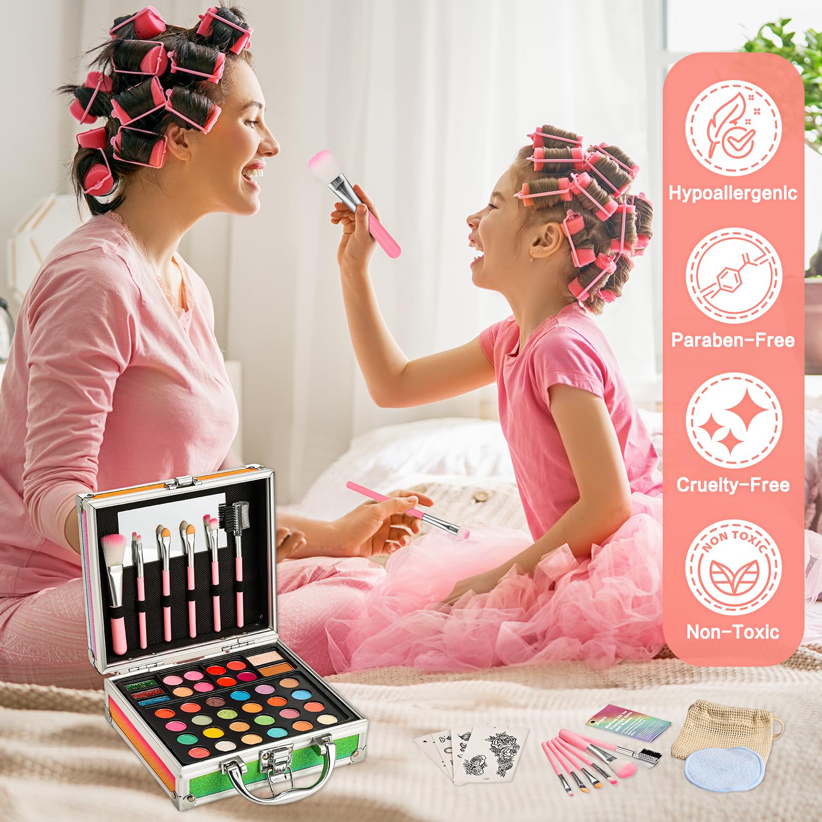 Anpro All-In-One Makeup Carry Case with Pro Teen Makeup Set, Full Starter Cosmetics Kit with Makeup Brushes, Eye Shadows Palette, Blushes, Glitter Gel, Temporary Tattoo Stickers
