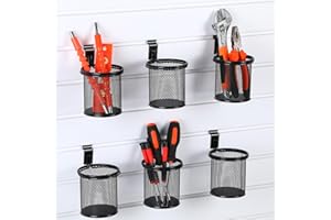 Colingmill 6 Set Slatwall Cup with Hook Black Metal Slatwall Bin Pencil Mesh Wire Holder Slat Wall Accessories for Organizing Various Tools, Garage Home Workshop Office (Round)