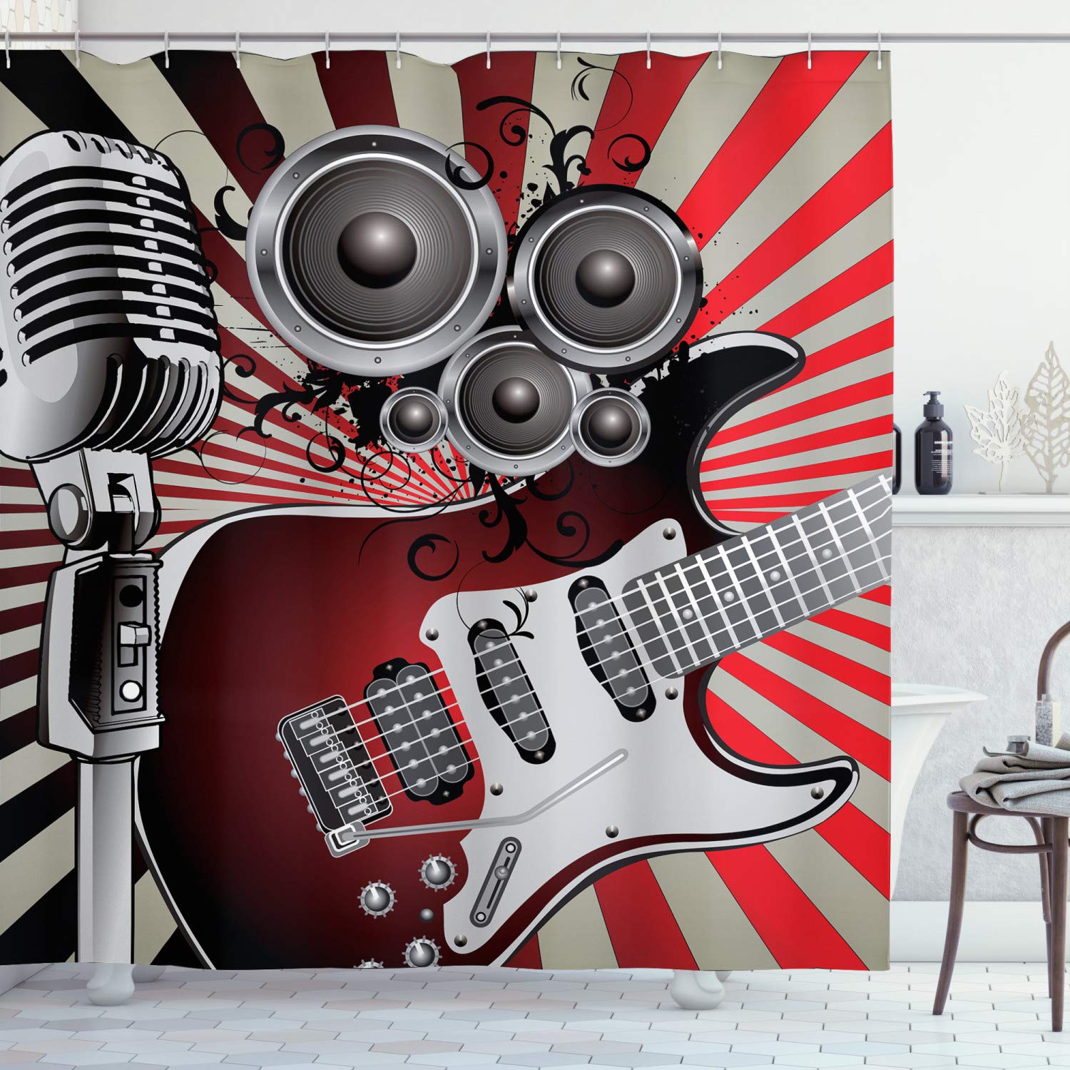 ABAKUHAUS Music Shower Curtain, Music Old Fashioned Speaker Loudspeaker Geometrical Striped Background, Cloth Fabric Bathroom Decor Set with Hooks, 94 Inches, Burgundy Beige Grey